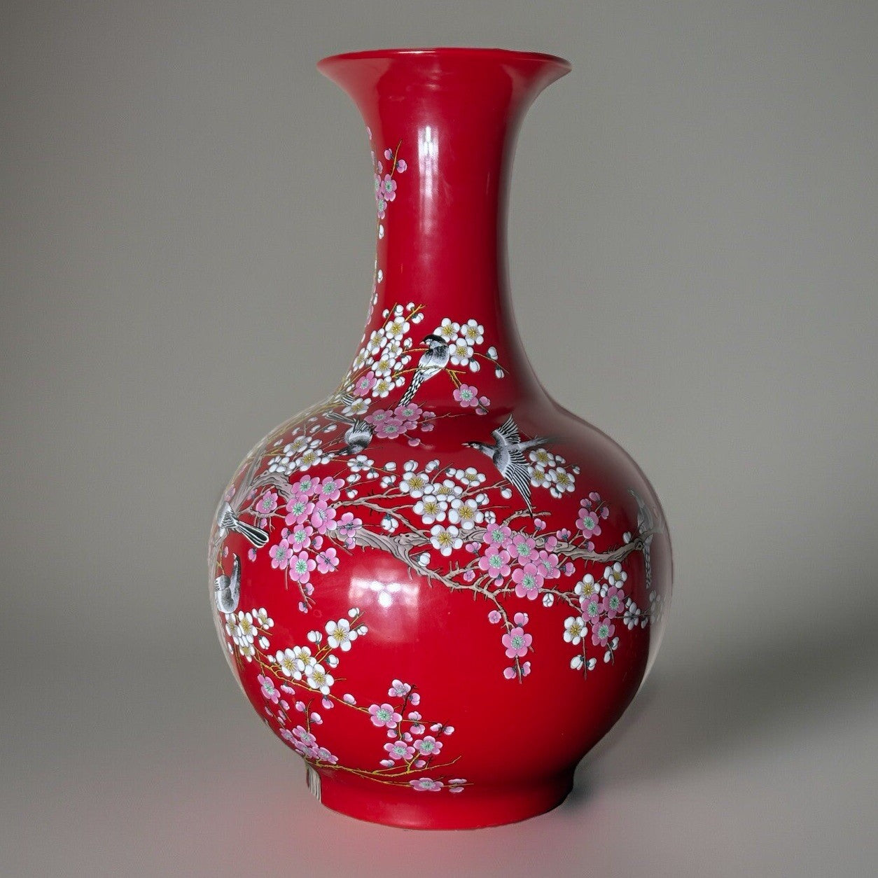 23” Chinese Large Floor Vase Plum Blossom Scene With Birds