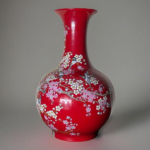 23” Chinese Large Floor Vase Plum Blossom Scene With Birds