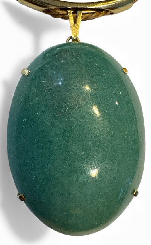 Large Green Aventurine Pendant Necklace on Braided Gold-Tone Chain-Boho