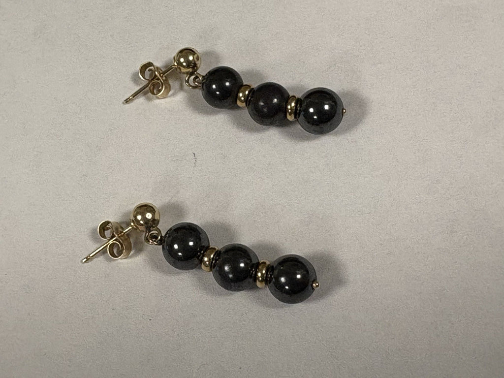 VTG Hematite Necklace & Earrings Set Solid 14K Gold Beads Posts 32”