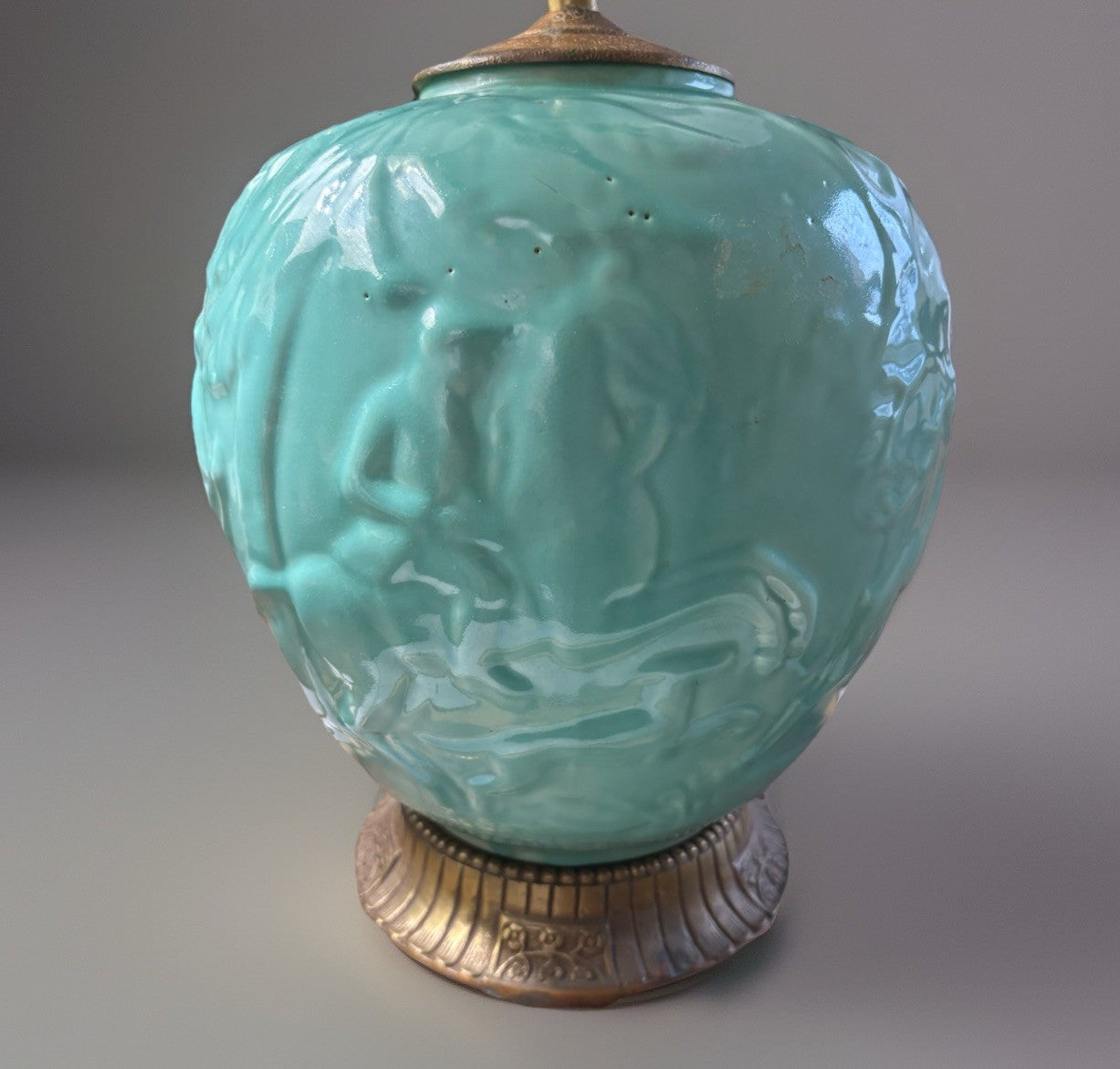 Art Deco 1920s Celadon Porcelain Lamp w/ Brass Double Socket Base