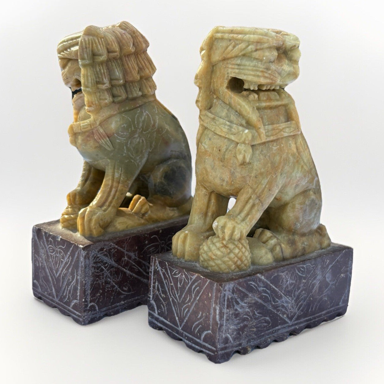 Vintage STONE FOO DOGS: Pair of Carved Stone Foo Dog.