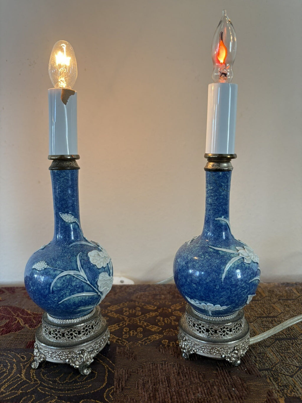 Pair Estate Blue Porcelain Relief Lamps on Ornate Silver Bases Chinoiserie Decor
