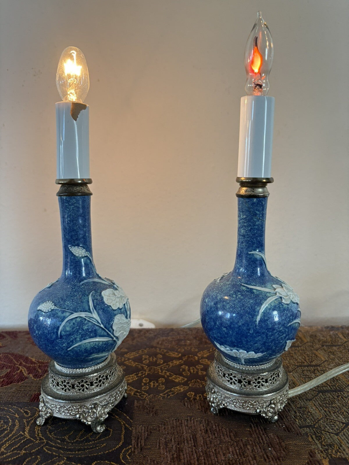 Pair Estate Blue Porcelain Relief Lamps on Ornate Silver Bases Chinoiserie Decor