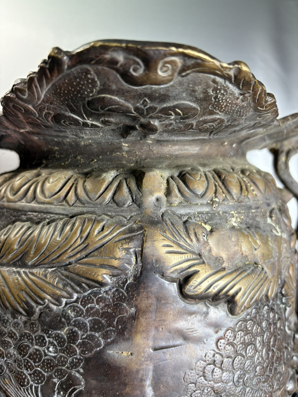18” Rare Antique Bronze Urn Dragon Handles Mythological Relief 19th Century Art
