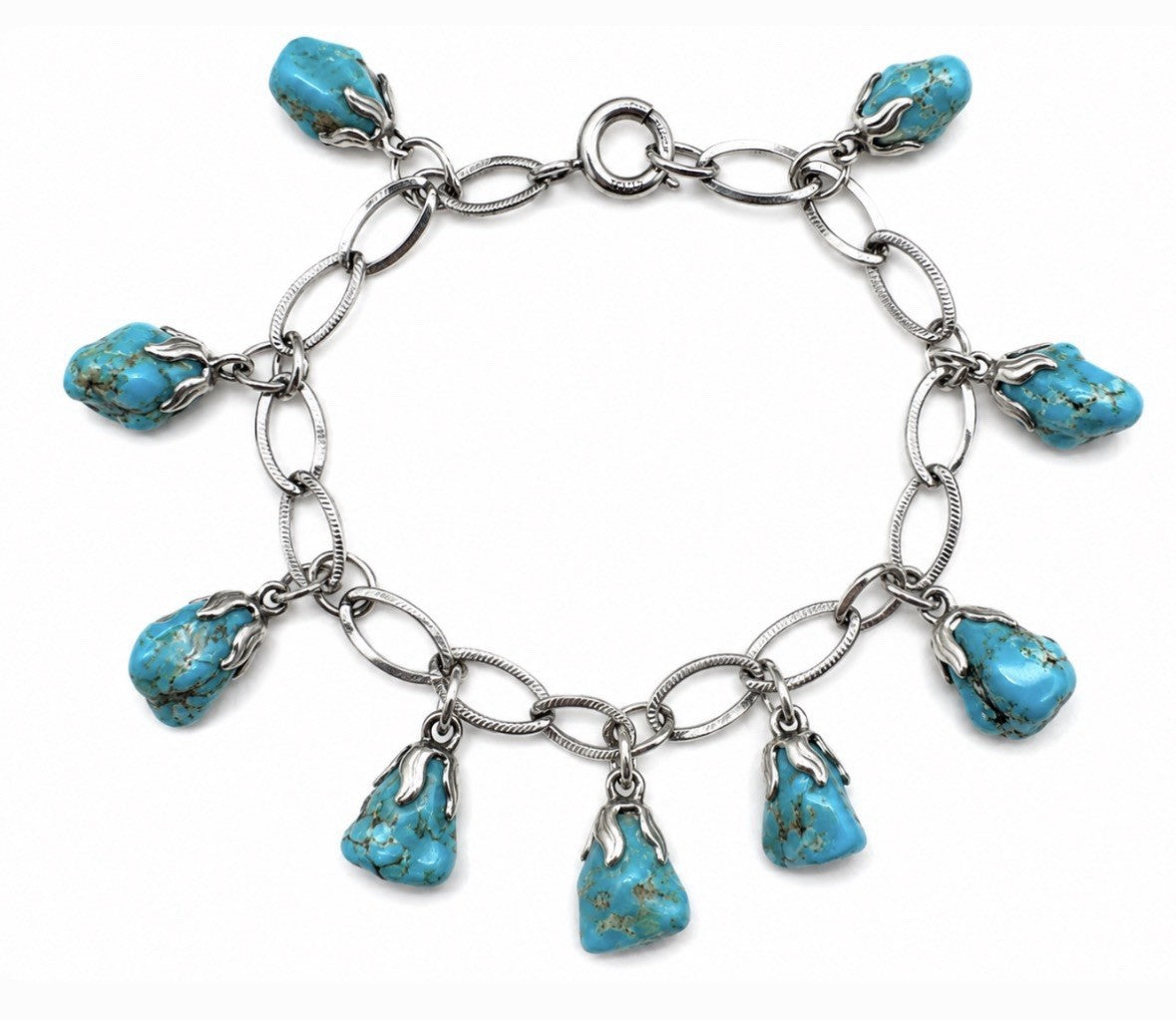 Vintage Sterling Silver Turquoise Nugget Charm Bracelet Southwestern 7”