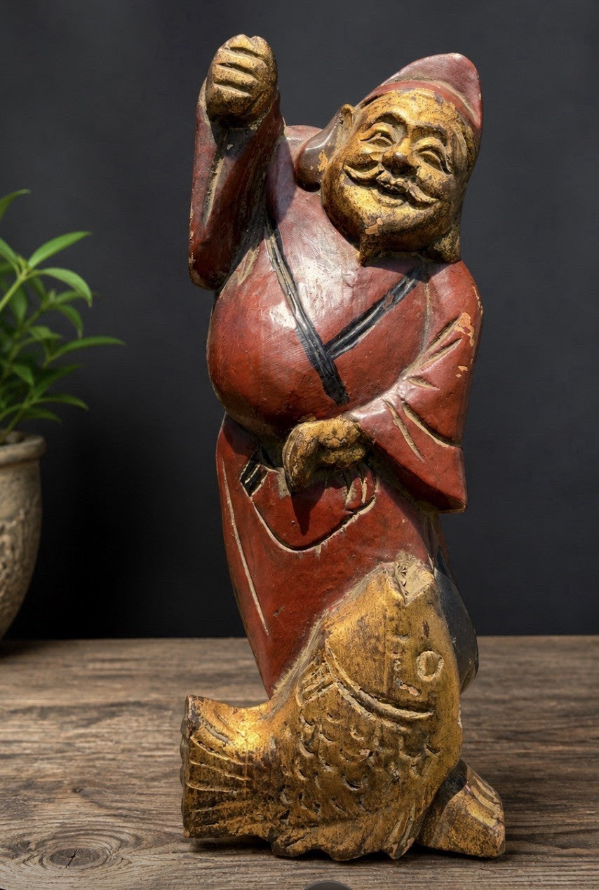 Antique Japanese Ebisu Fisherman Wood Carving Statue Folk Art Figure