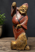 Antique Japanese Ebisu Fisherman Wood Carving Statue Folk Art Figure