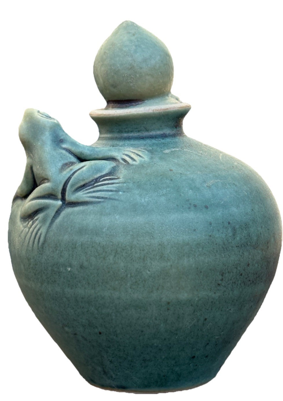 Vintage Asian Celadon Frog Vase | Hand-Glazed Stoneware Miniature Old Estate 4”