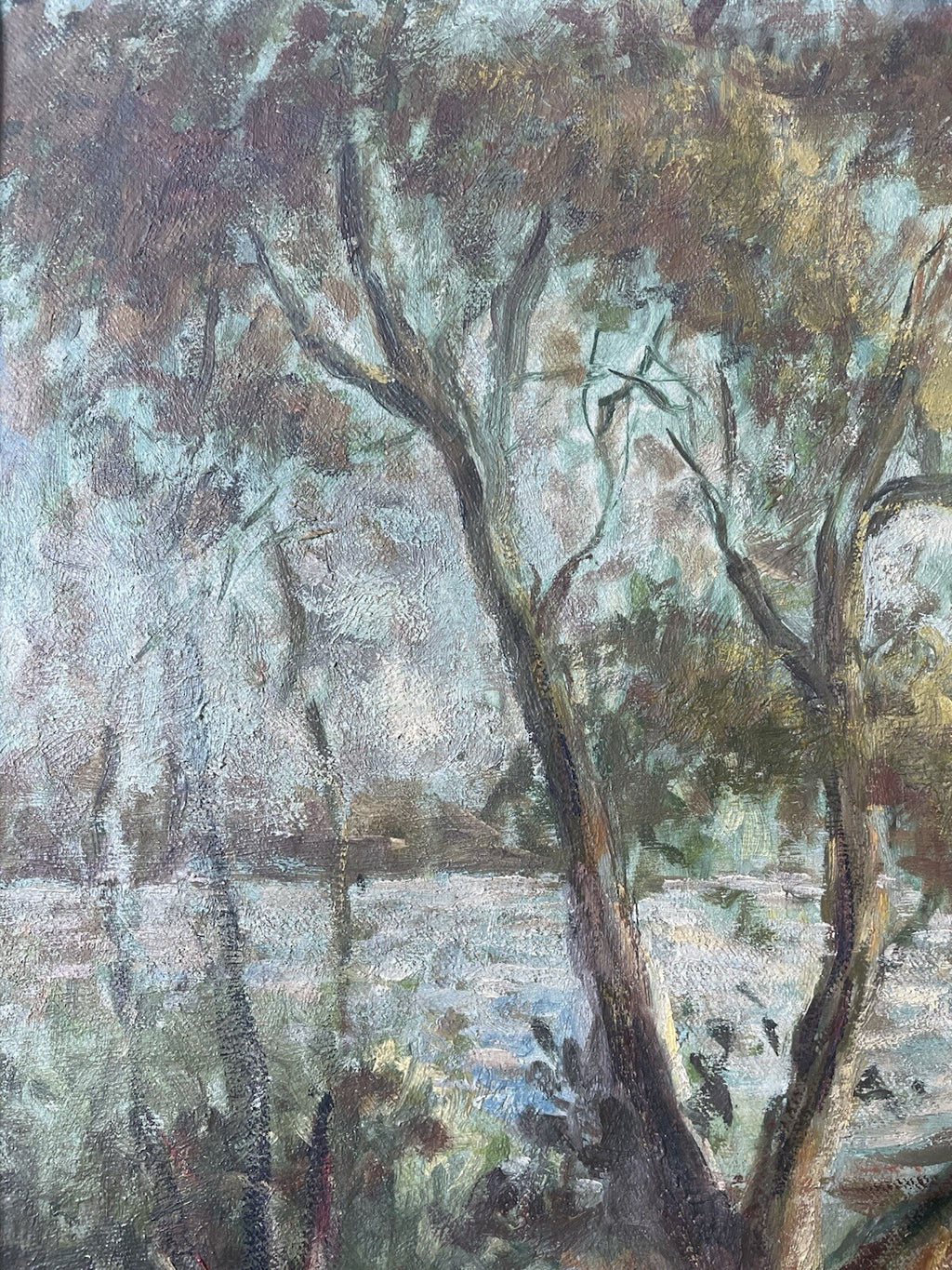 HARRY MELIN Fisherman Village With Sailboats in oil on canvas37” X 22”