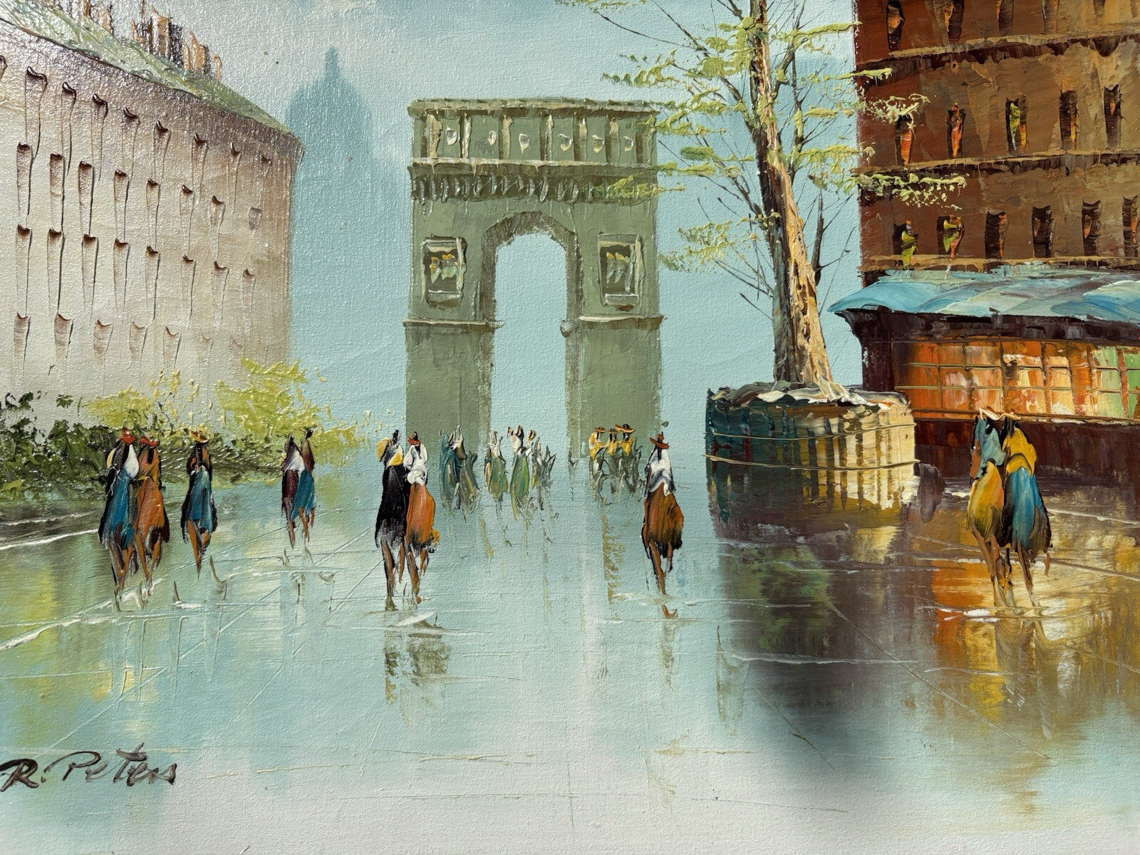 Vintage PARIS SHOPPING DISTRICT ORIGINAL PAINTING SIGNED R. Peter’s 27”X23” VG