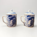 Vintage Blue White Dragon Porcelain Lidded Tea Mug Set Japan Nihon