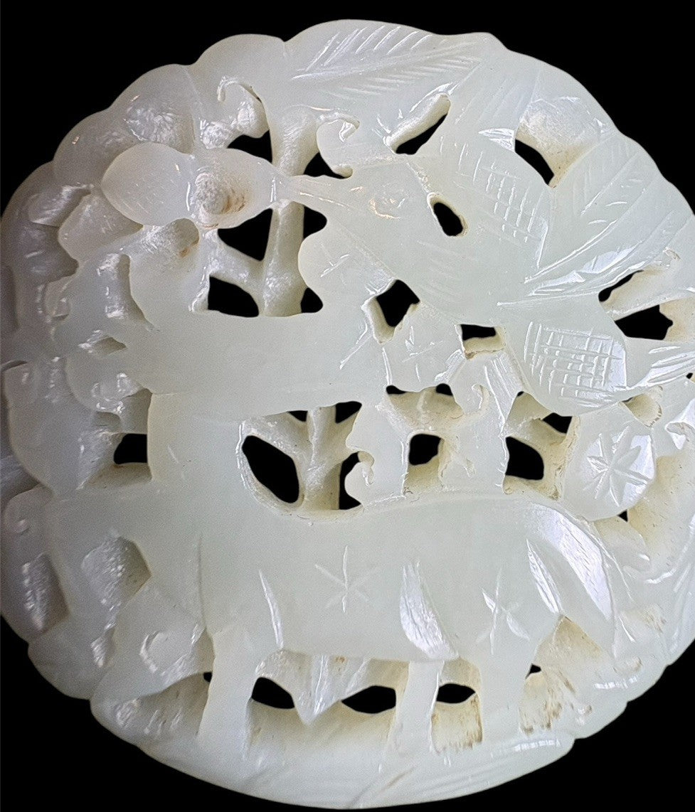 Qing Dynasty White Jade Plaque – Deer & Phoenix Under Blossoms, 18th-19th C.
