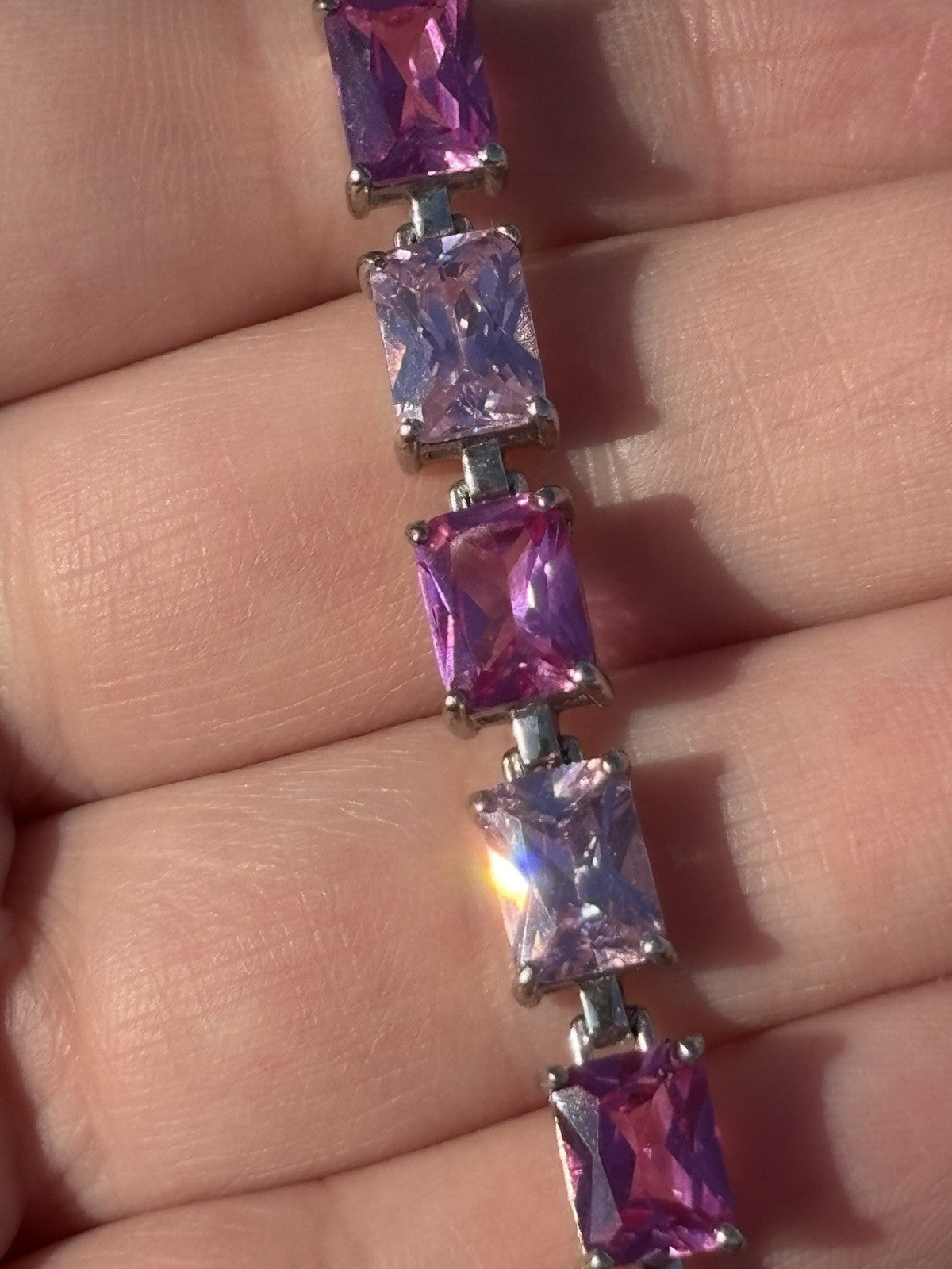 Pink 2 Tone Gemstone Tennis Bracelet 925 Sterling Silver 7.5” Box Clasp Vintage