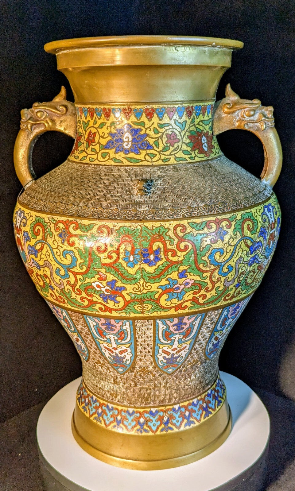 Japanese  Champlevé /Cloisonné Vase Bronze & Enamel 18" Height  12"Diameter