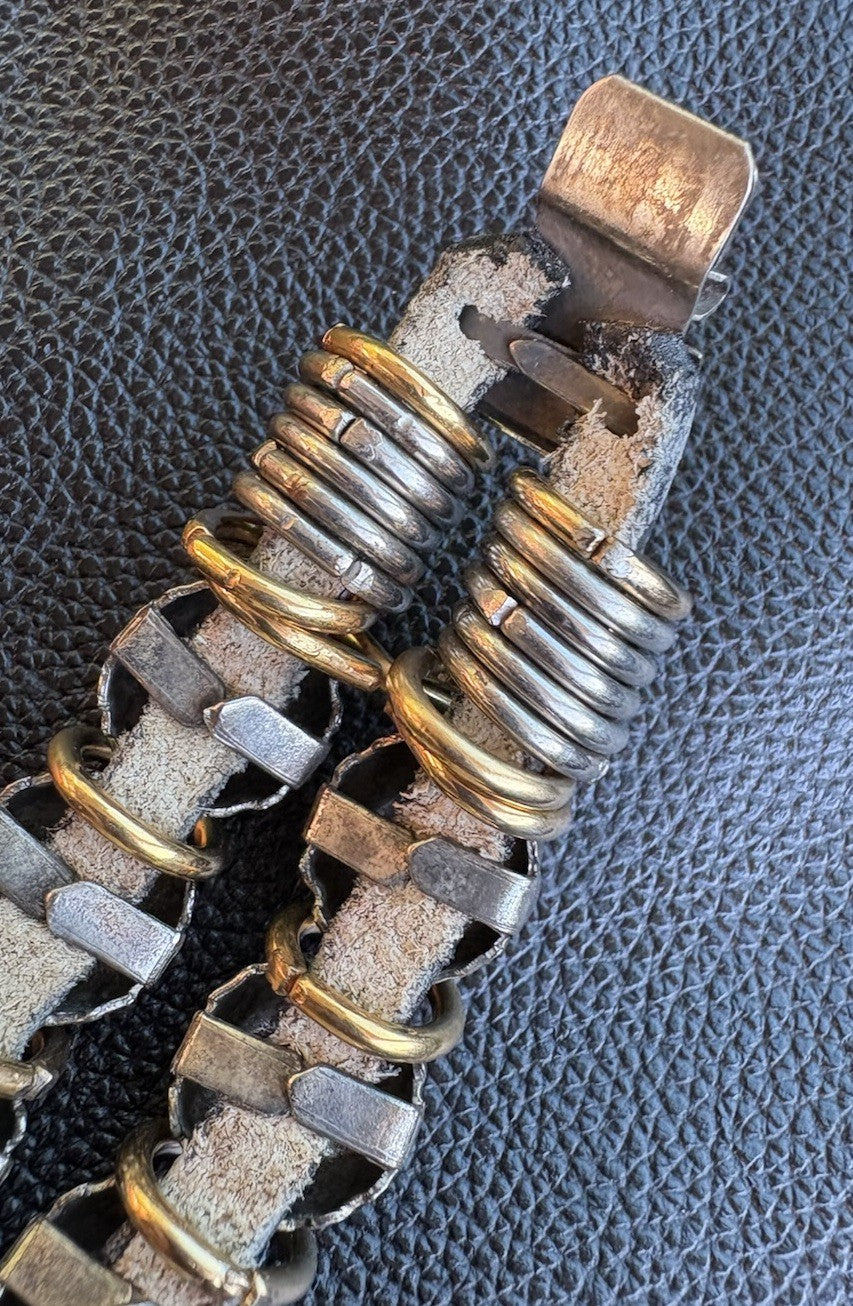 Vintage Brutalist Mixed Metal Bracelet 73g | Brass & Silver Tone, Leather Core