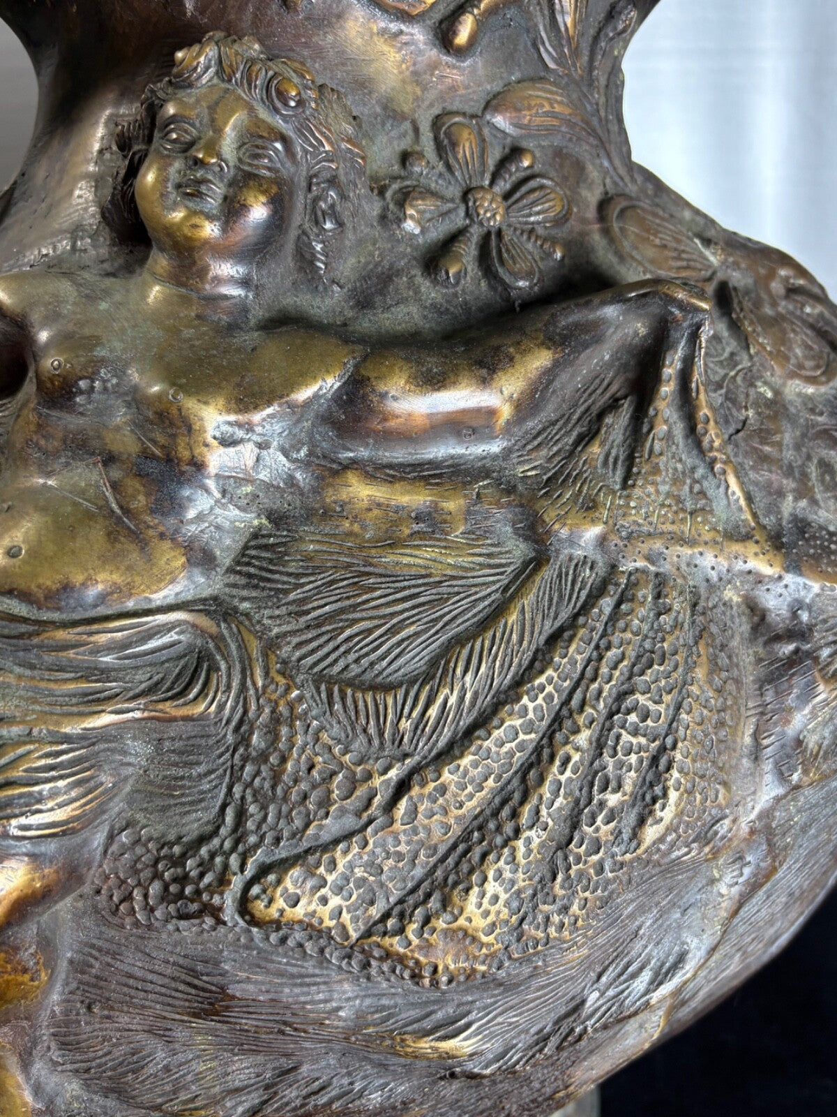 Antique Bronze Art Nouveau Figural Vase Putti Cherubs Floral Relief 20” Tall