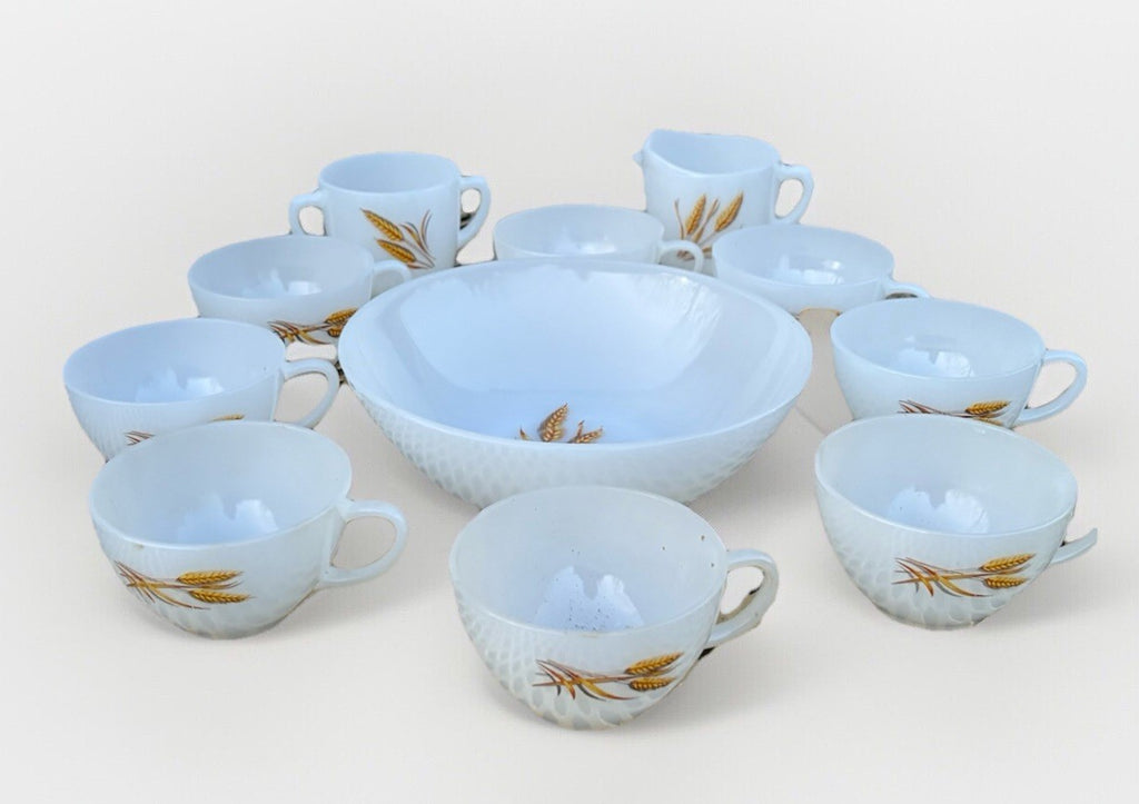 Anchor Hocking Fire King Milk Glass Wheat Vintage Cups Bowl 11 Pc Lot