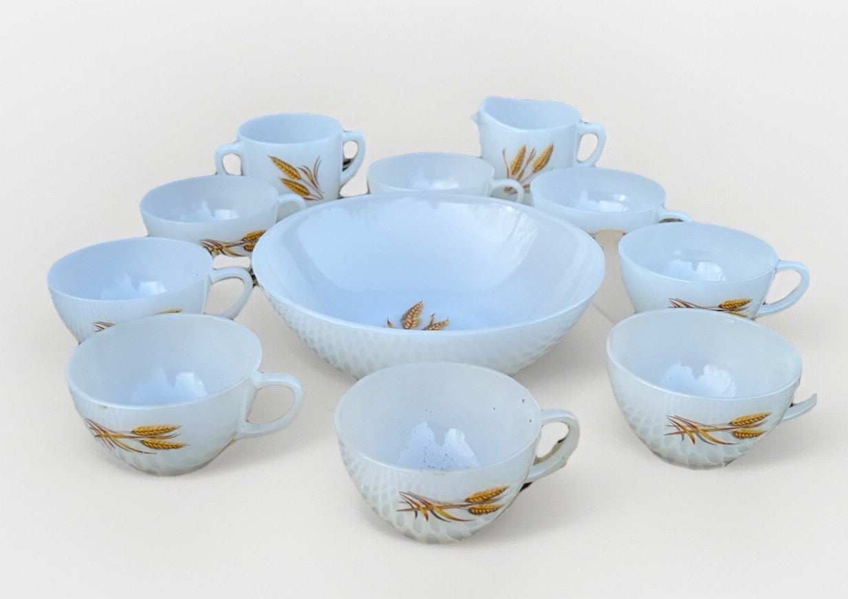Anchor Hocking Fire King Milk Glass Wheat Vintage Cups Bowl 11 Pc Lot
