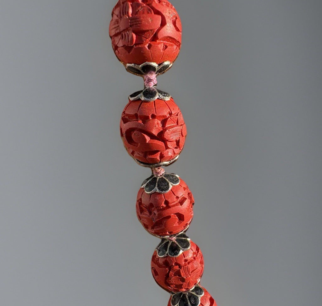 Antique Chinese Carved Cinnabar Bead Necklace – Republic Era, Filigree Clasp
