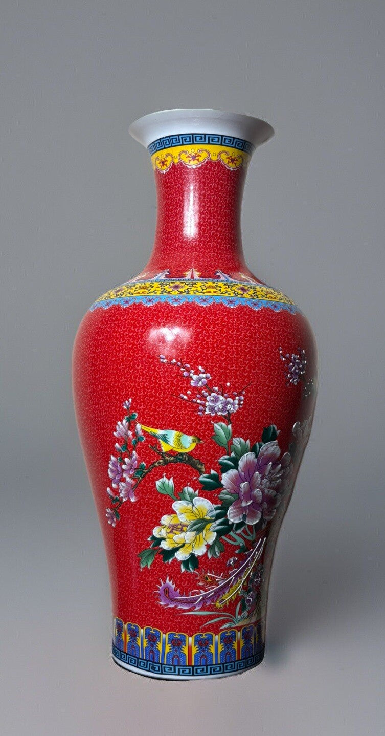27” Chinese Large Floor Vase Floral Garden Flower Scenes With Birds