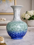Chinese Shiwan Crystalline Glaze Vase 14” Blue Green Art Porcelain Pottery