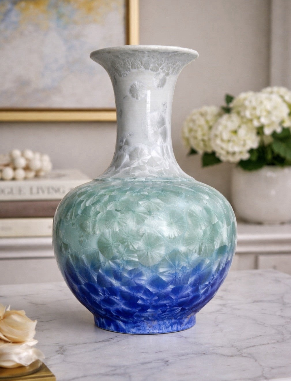 Chinese Shiwan Crystalline Glaze Vase 14” Blue Green Art Porcelain Pottery