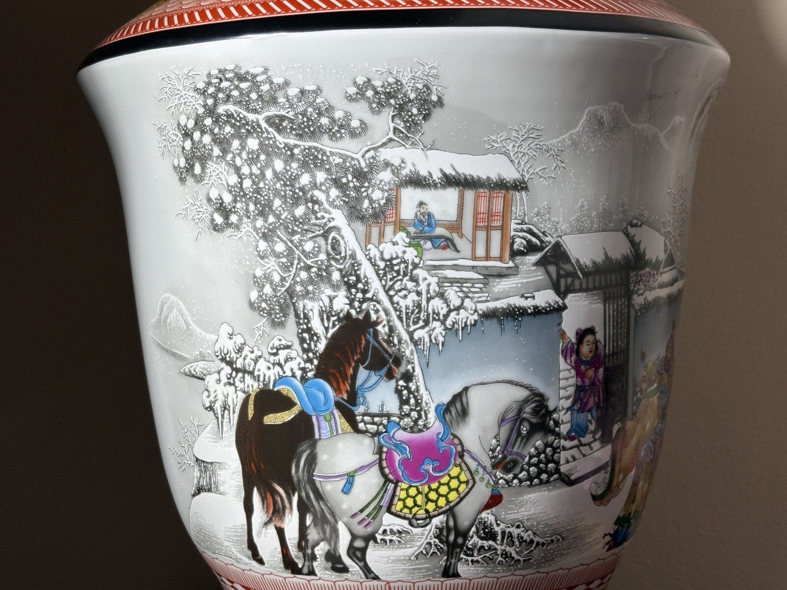 24” Tall Chinese enamel Mountain Landscape Warrior On House pattern vase