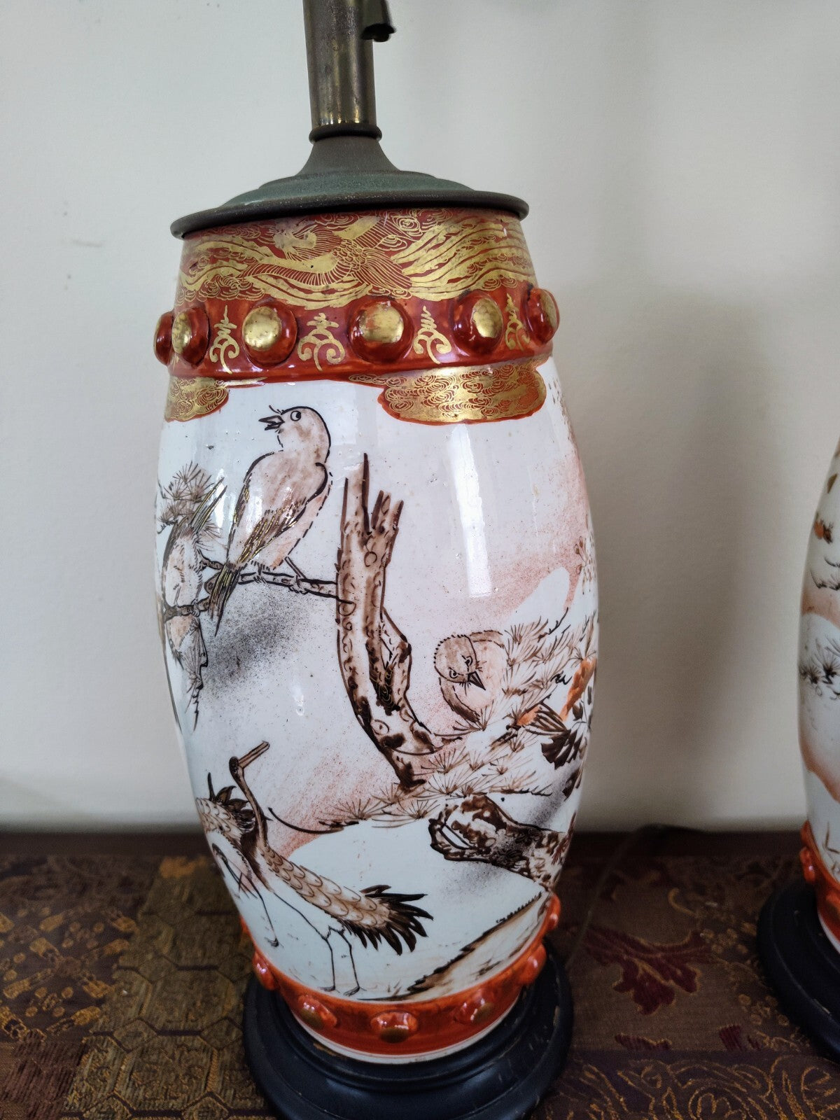 Pair Meiji Japanese Kutani Seizan Lamps, Gilt Birds & Cranes, Hand Painted