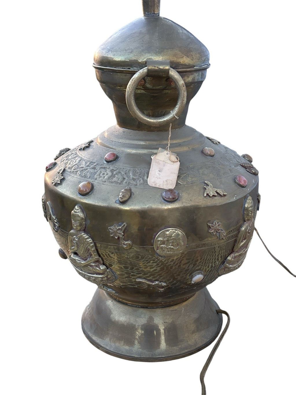 Pair Antique Tibetan Buddhist India Brass Urn/Lamps Stones Buddha Ganesh