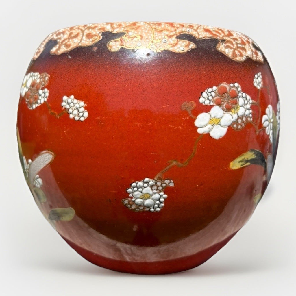 Antique Japanese Satsuma Moriage Jardiniere Bird Floral Red Cache Pot