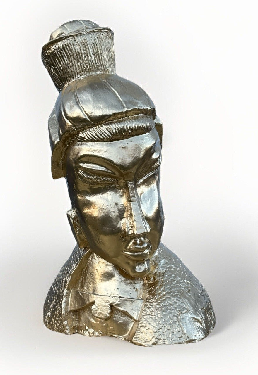 Gold Samurai Head Sculpture Signed ( Norman 73 ) 18" tall Carved Plaster