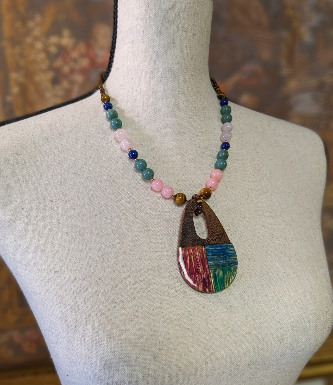 multigemstone Bohemian necklace with wood pendant