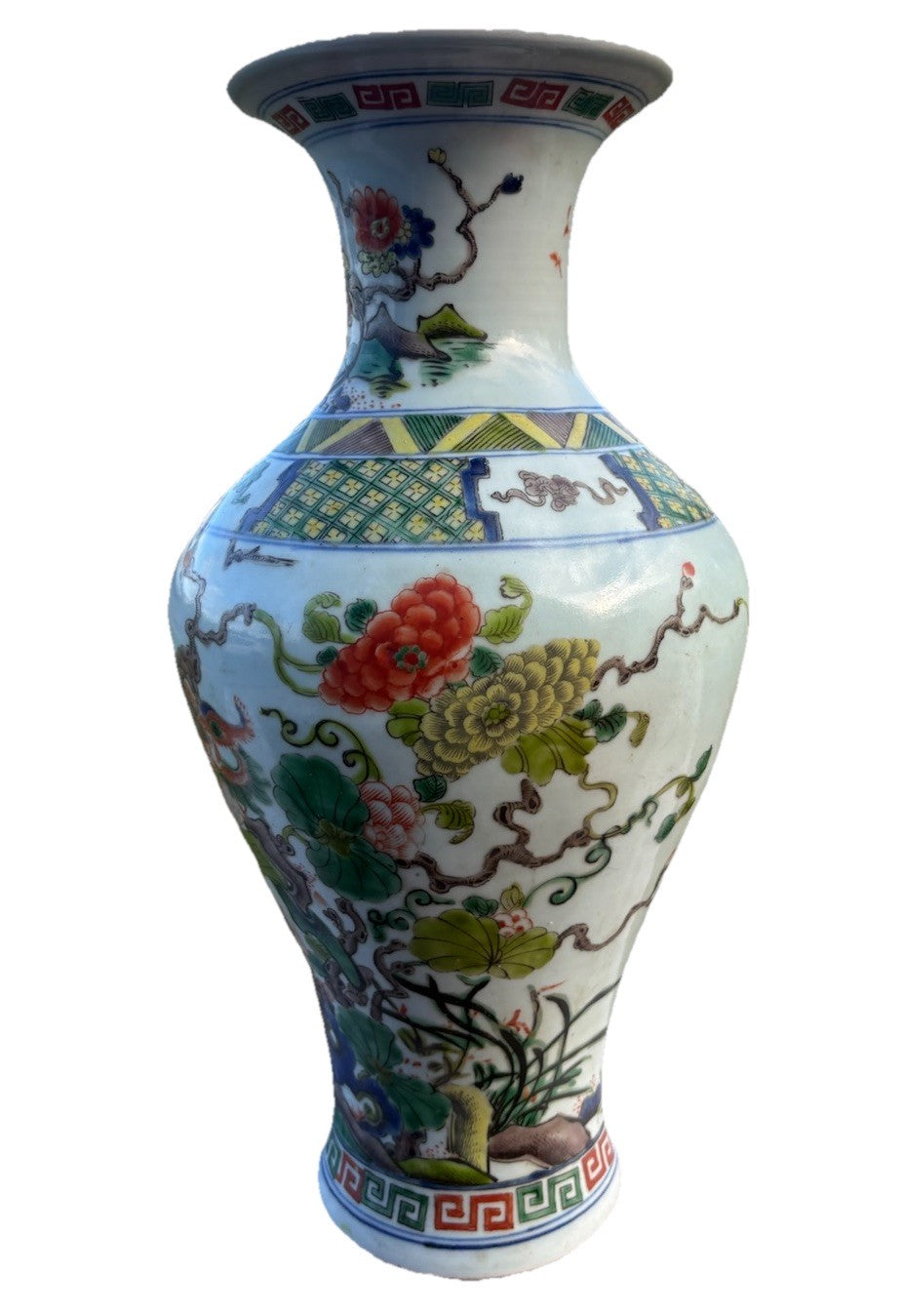 Antique Chinese 14" Famille Verte Phoenix & Peony Vase, Guangxu Era Style