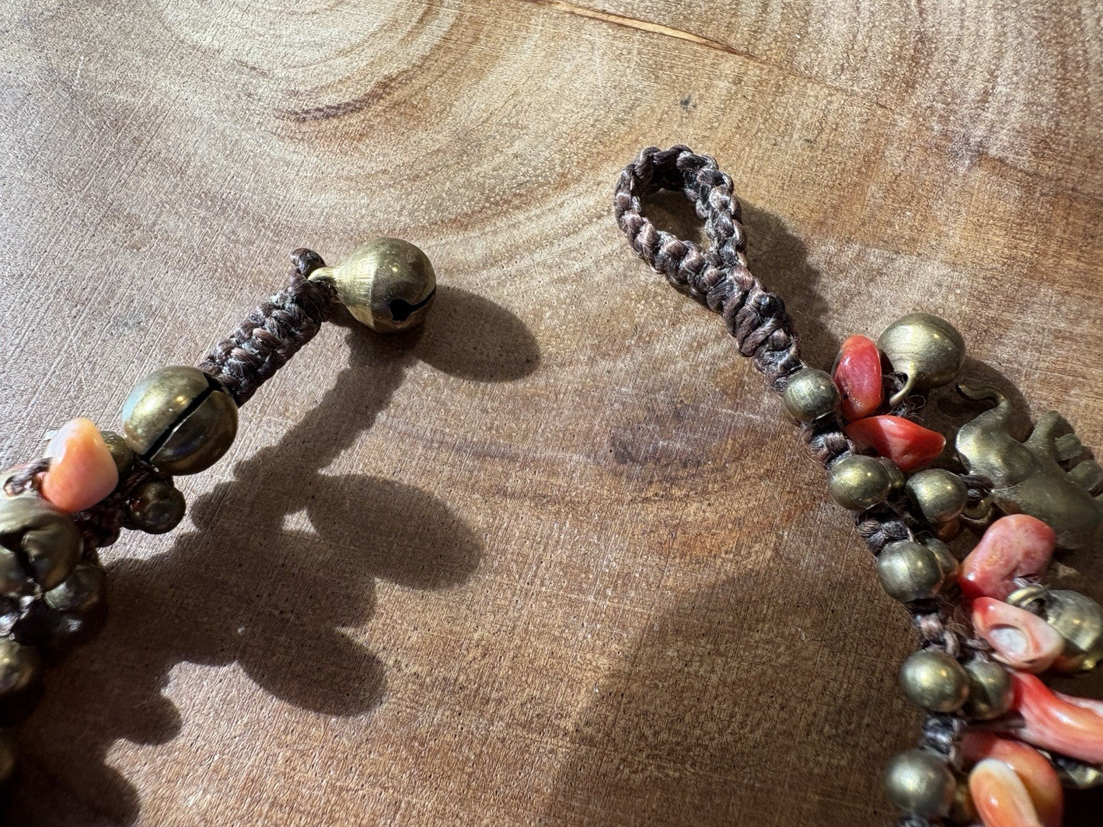 Handmade Boho Bracelet Coral Beads Elephant Charms Brass Beaded Jewelry 7”