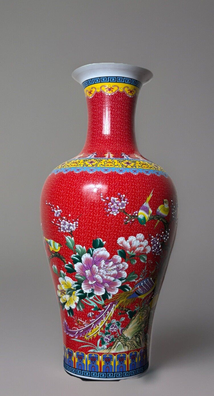 27” Chinese Large Floor Vase Floral Garden Flower Scenes With Birds