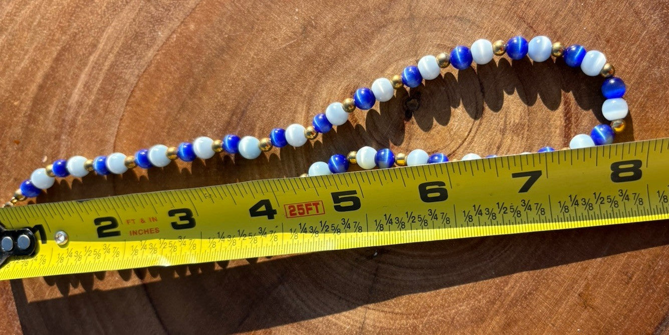 Vintage Blue & White Cat’s Eye Glass Bead Necklace Gold Tone Spacers 16”