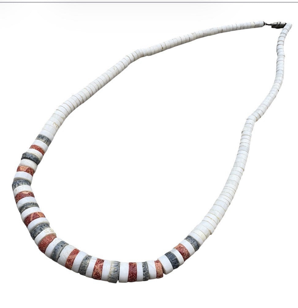 Vintage Southwestern Heishi Necklace White Shell Red Coral Blue Stone 18"