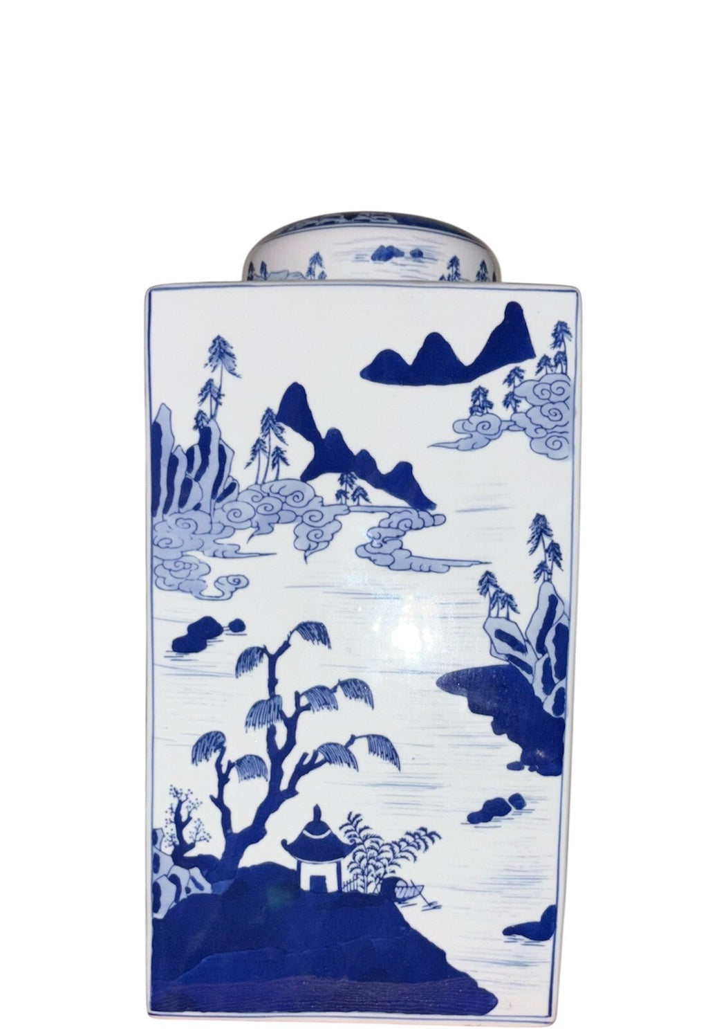 Elegant Blue & White Porcelain Tea Caddy – Hand-Painted Asian Landscape Jar 15”