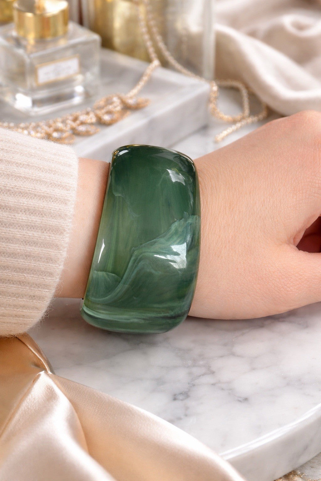 Rare Wide Marbled Green Bangle Cuff | Art Deco Era Statement Bracelet