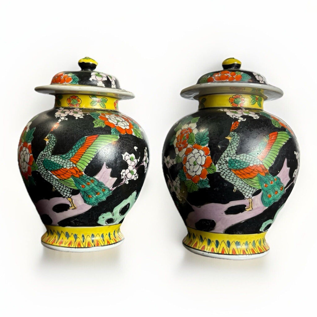Pair Vintage Japanese Hand Painted Porcelain Peacock Famille Ginger Jar 5.5”