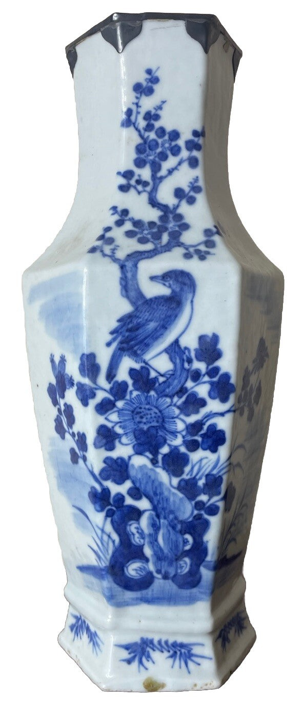 Rare Qing Dynasty Blue White Hexagonal Vase Bird Plum Blossom 1700s China