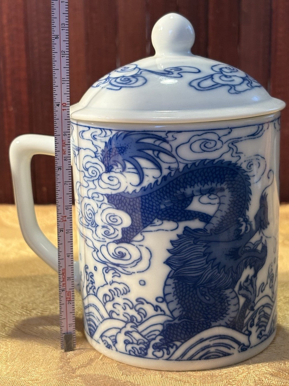 Vintage Blue White Dragon Porcelain Lidded Tea Mug Set Japan Nihon