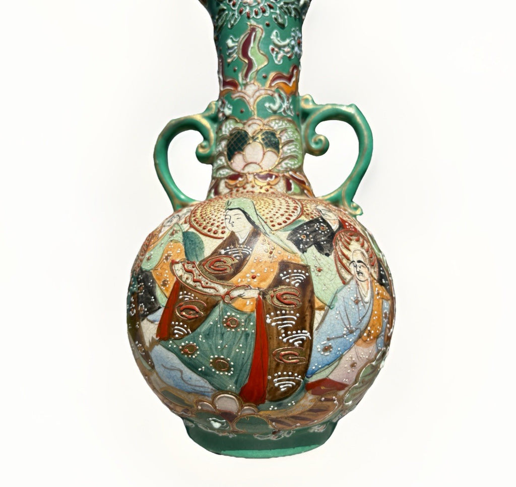 Antique Japanese Moriage SATSUMA Hand Painted VASE Earthenware Double Handle