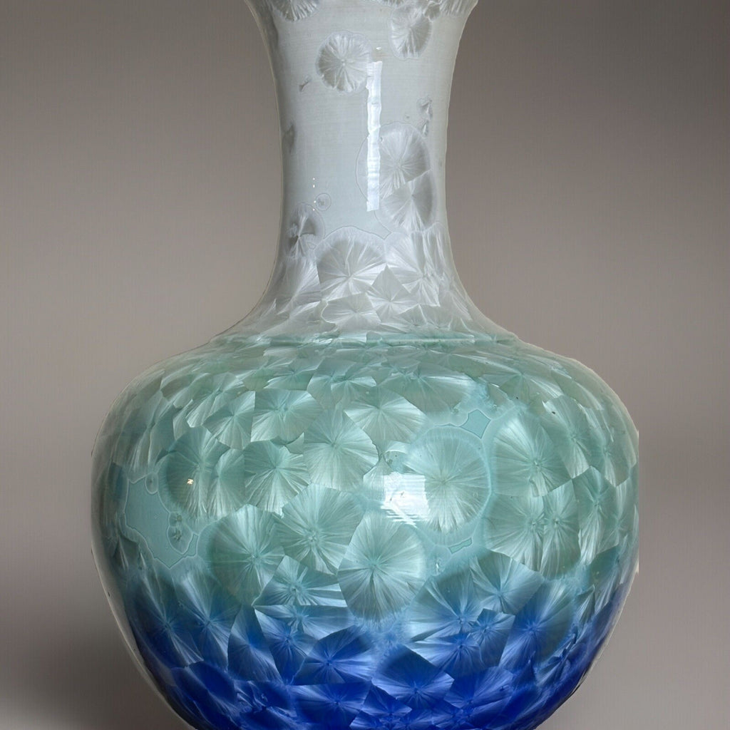 Chinese Shiwan Crystalline Glaze Vase 14” Blue Green Art Porcelain Pottery