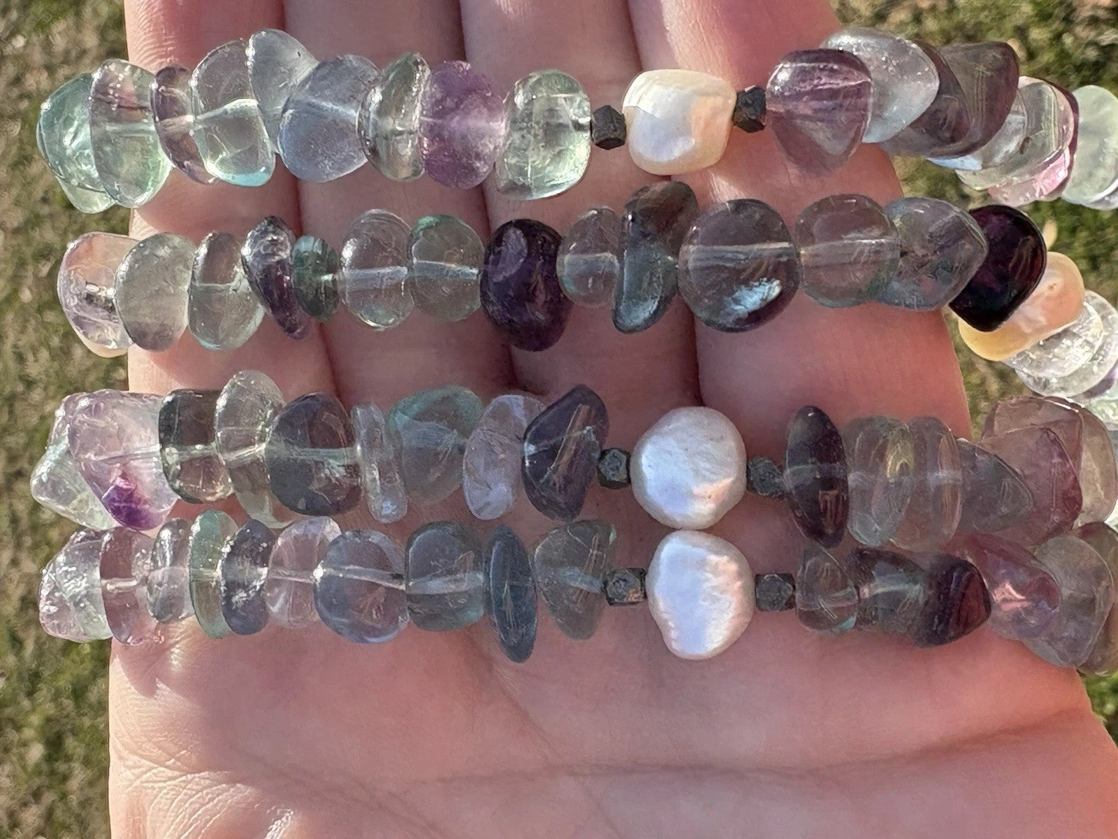 Fluorite Quartz Multi Strand Necklace Natural Gemstone Pearl Sterling Silver 16”