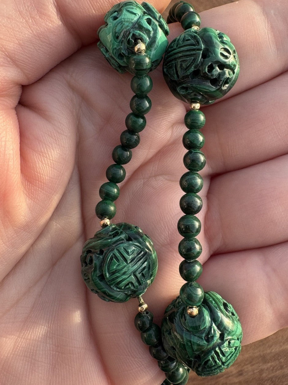 14k Vintage Carved Malachite Necklace Longevity Beads 18” Hand Knotted 14K Clasp