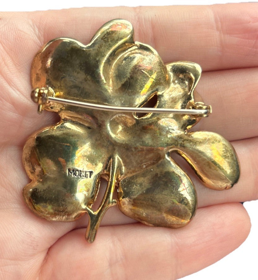 Vintage Signed MONET Green Enamel Flower Brooch Rhinestones Pin