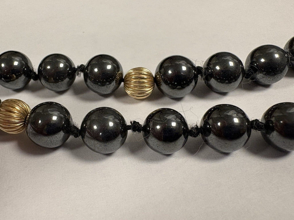 VTG Hematite Necklace & Earrings Set Solid 14K Gold Beads Posts 32”