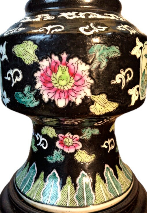 Vintage Asian Black Porcelain / Ceramic Lamp with Beautiful Flowers pattern